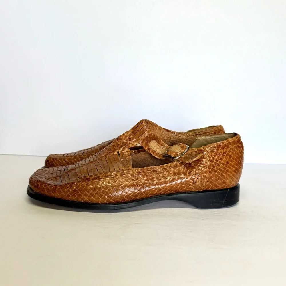 VTG France Mode Women’s Brown Woven Leather Loafer Shoes Buckle Size 5